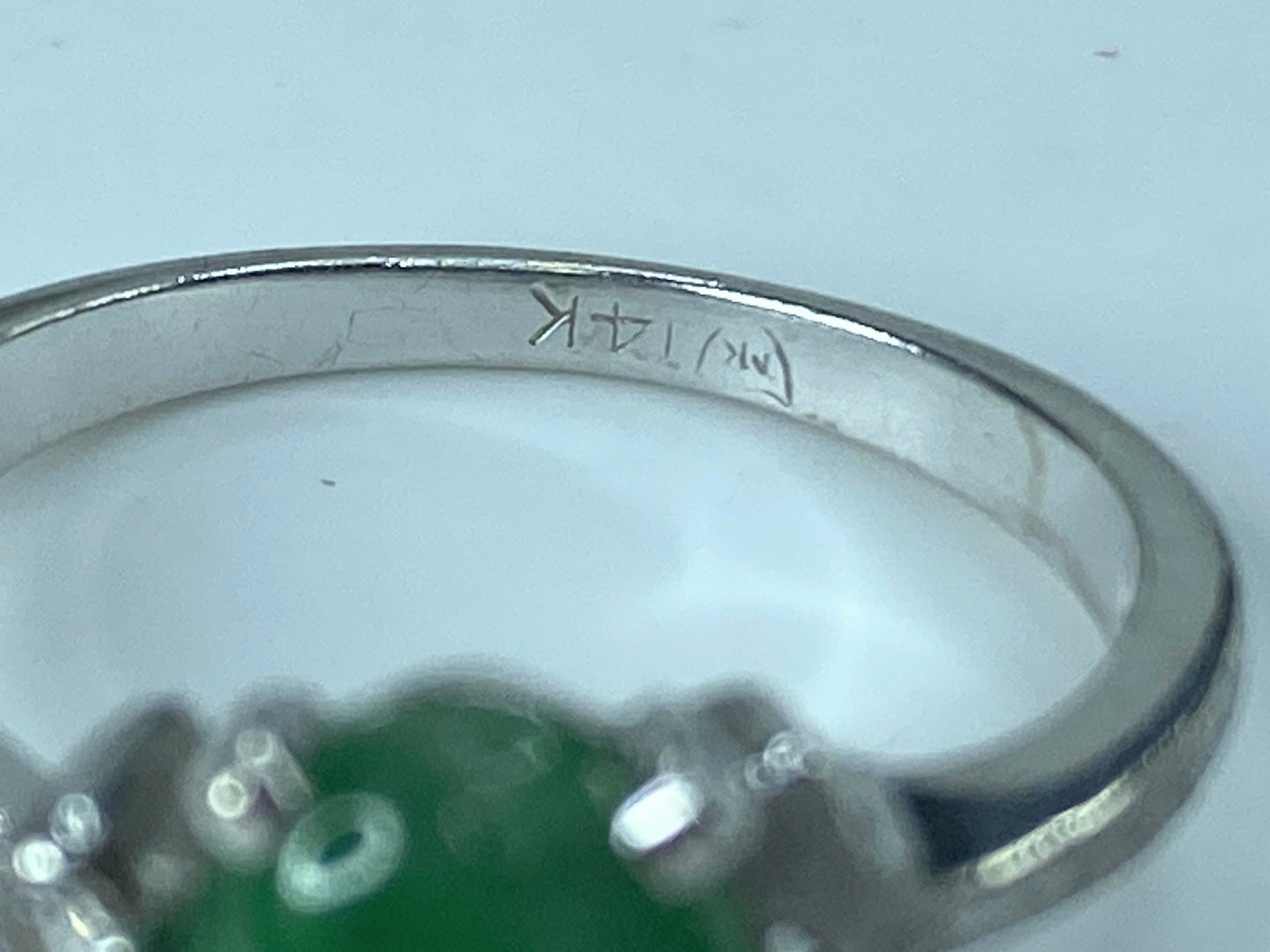 Art Deco 14K white gold Natural Fei Cui Jade Diamond Cocktail Ring s6.5 JR520