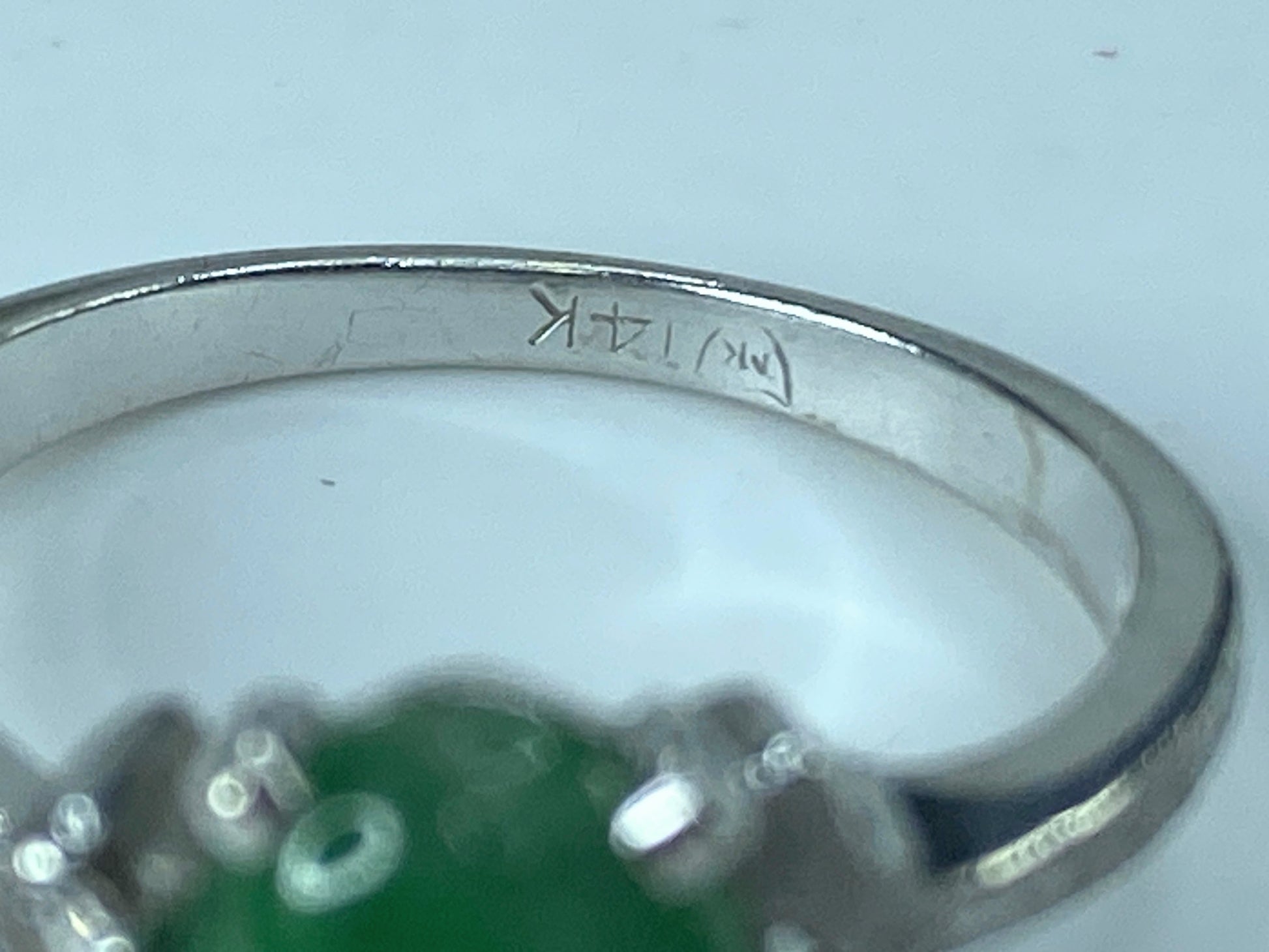 Art Deco 14K white gold Natural Fei Cui Jade Diamond Cocktail Ring s6.5 JR520
