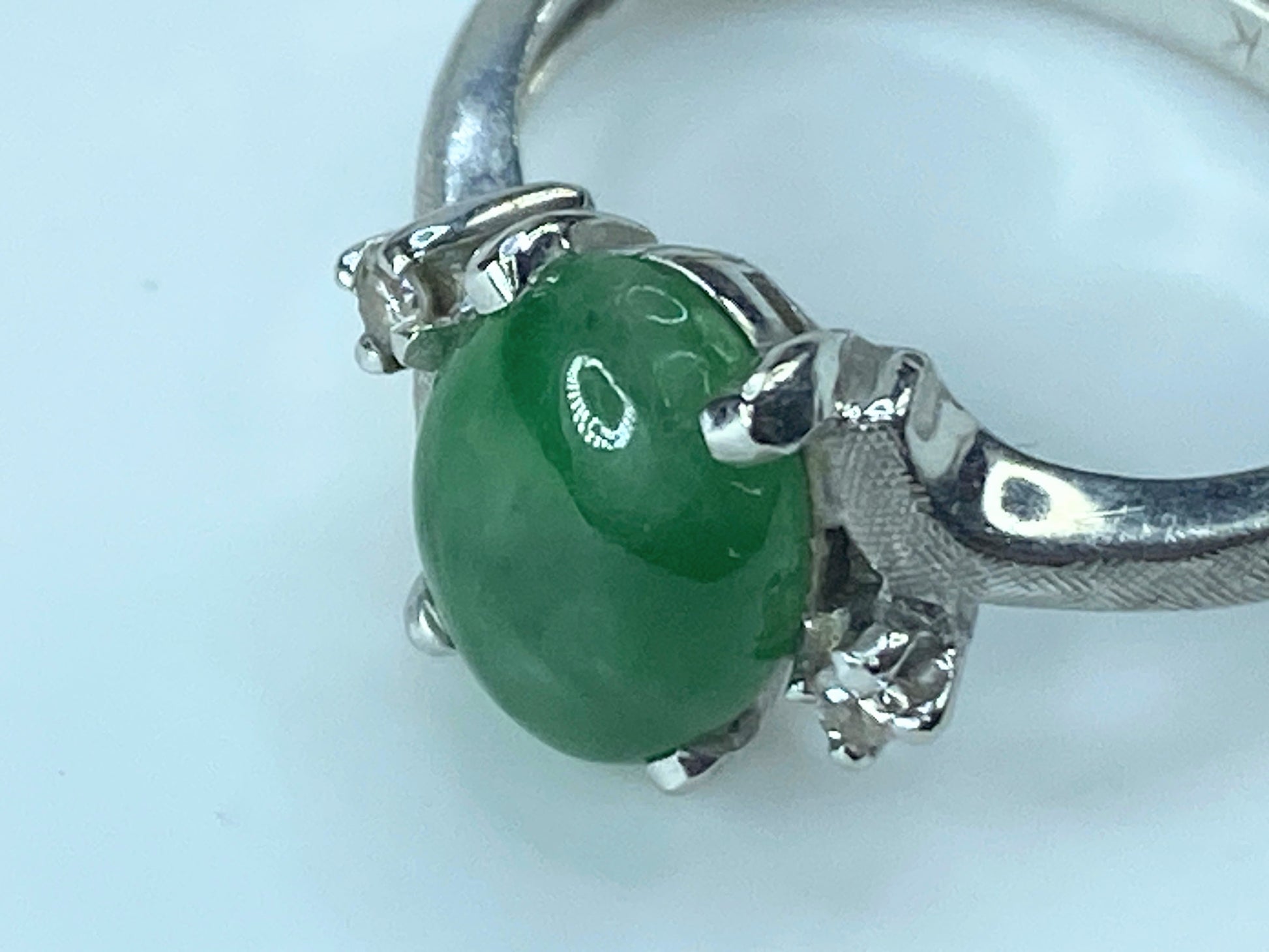Art Deco 14K white gold Natural Fei Cui Jade Diamond Cocktail Ring s6.5 JR520