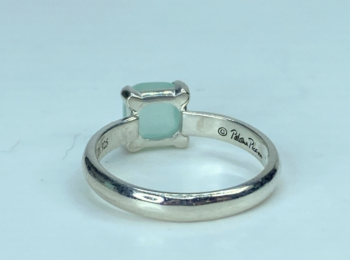 Tiffany & Co. 925 Paloma Picasso Aqua Chalcedony Cabochon Sugar ring s7.5 JR899