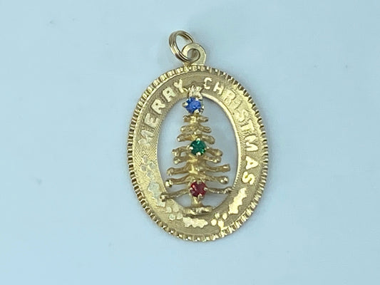 14K yellow gold gemstone Christmas tree charm pendant 1 1/8" 1.9g JR470