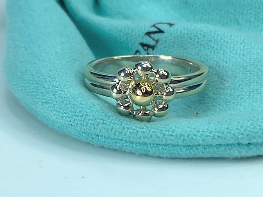 Tiffany & Co Paloma Picasso Sterling 18k Gold Daisy Jolie Bead Flower Ring JR901