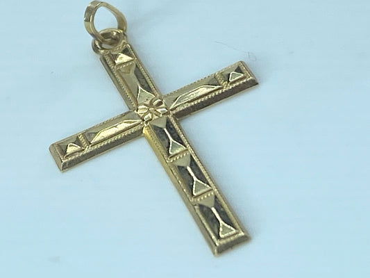 Vintage 14k Yellow Gold and Diamond Etched Cross Pendant 1.125" x 3/4" JR474
