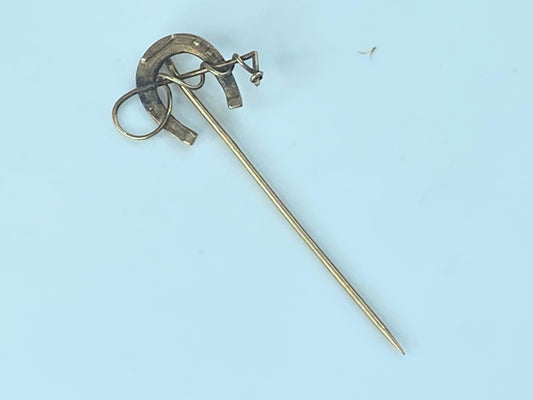 Antique Horseshoe 10k Gold Riding Crop and Horseshoe lapin stick pin 1.1g JR476