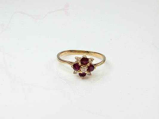Vintage 14K Gold Ruby Diamond Cluster Ring Size 7 JR425
