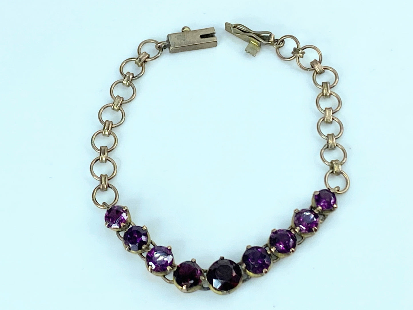 Antique 9ct faceted gems Garnet Amethyst Link bracelet 6.25" 8.2g JR9661