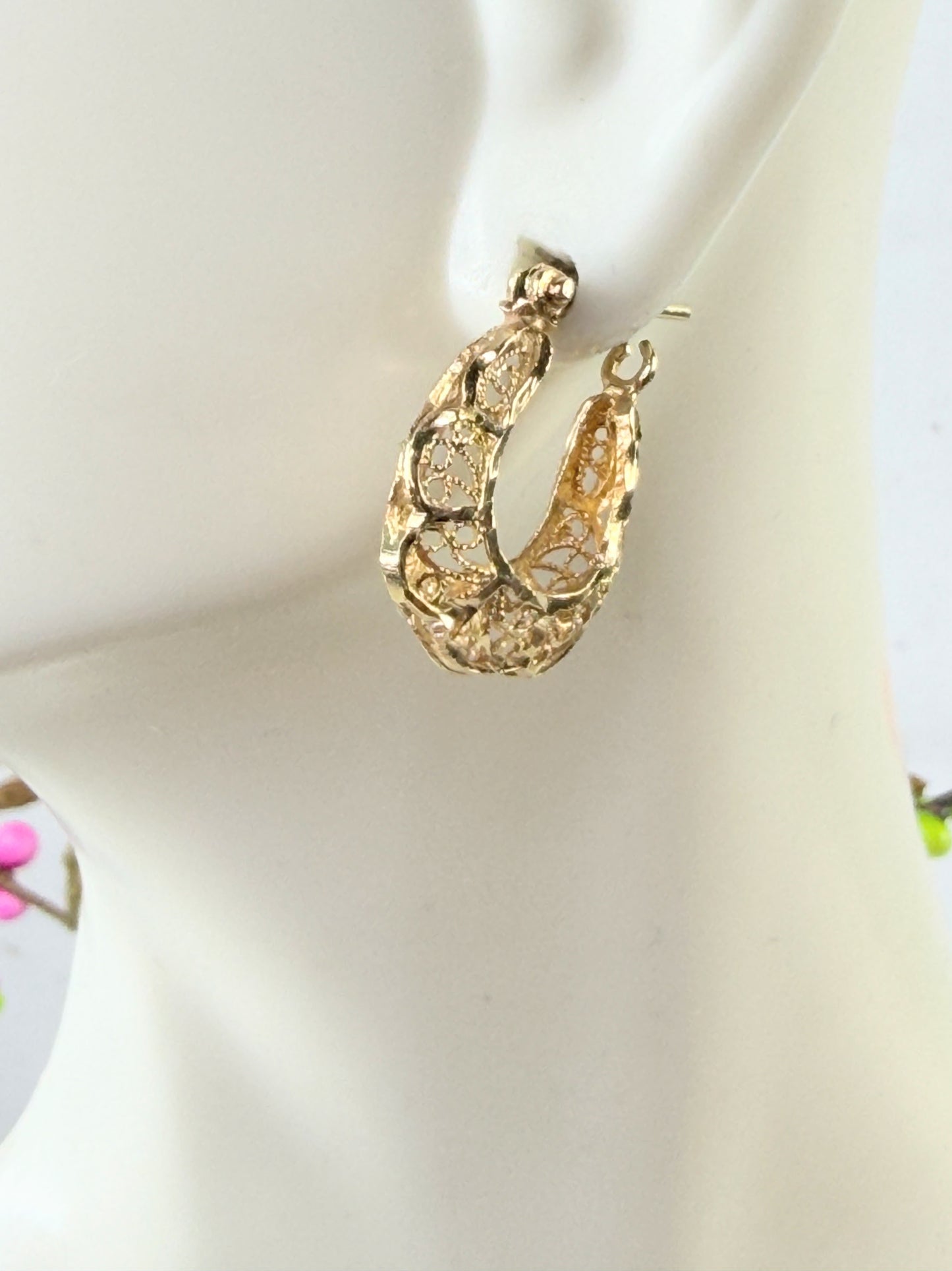 Vintage 14K Gold Textured Hoop Earrings 20mm JR1429