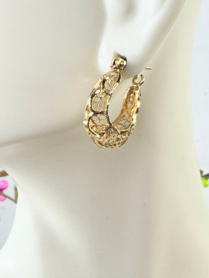 Vintage 14K Gold Textured Hoop Earrings 20mm JR1429