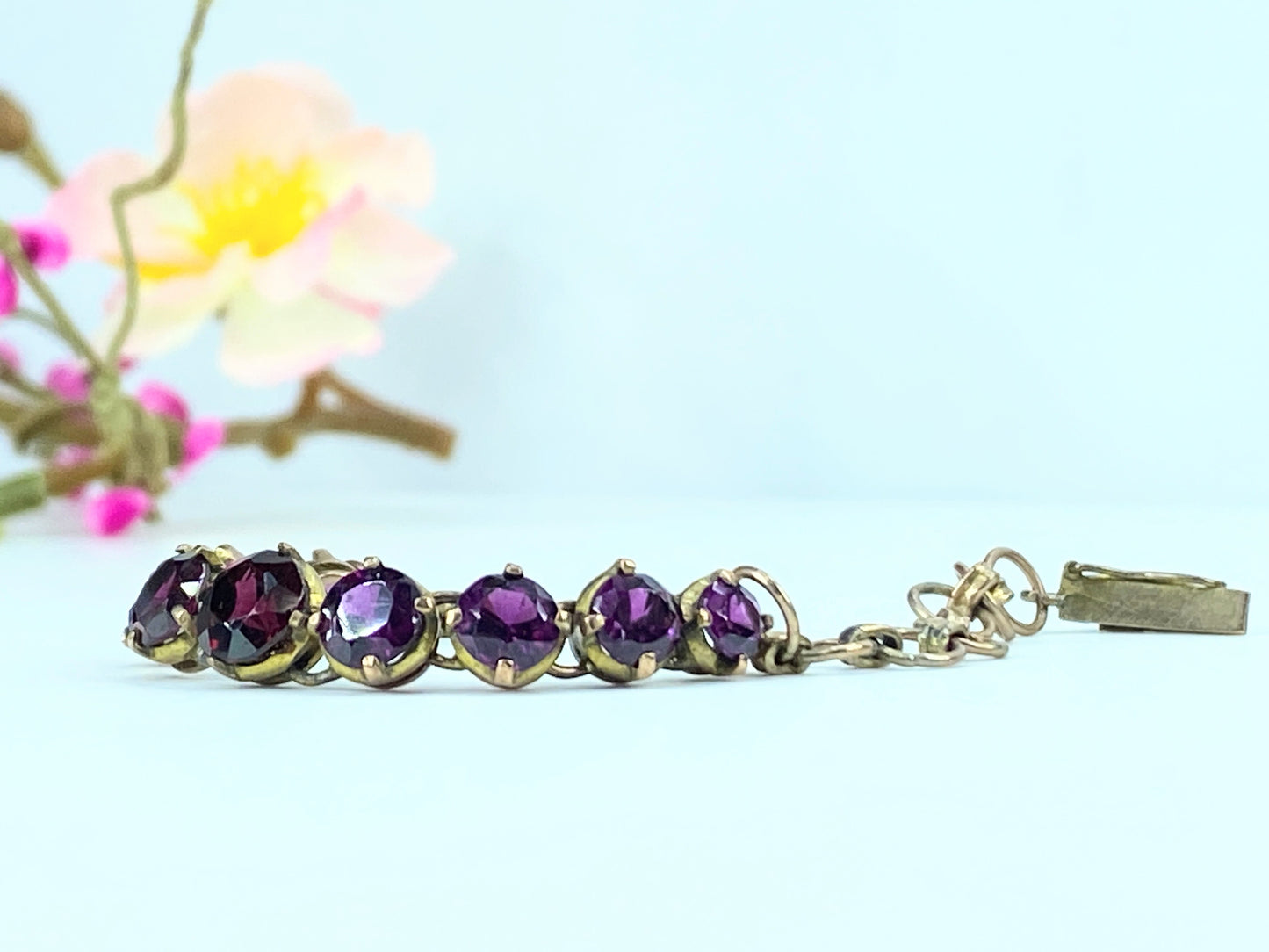 Antique 9ct faceted gems Garnet Amethyst Link bracelet 6.25" 8.2g JR9661