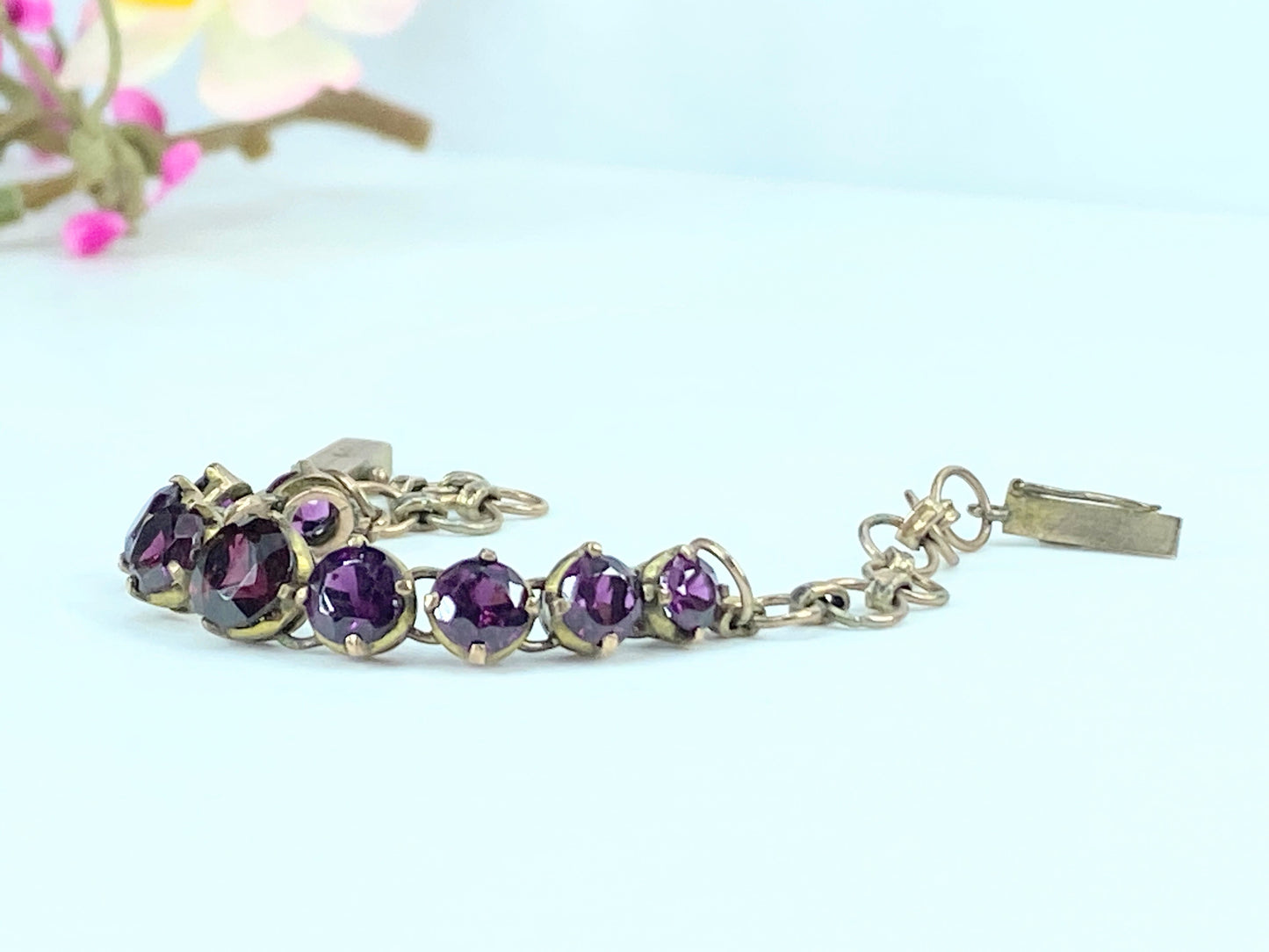 Antique 9ct faceted gems Garnet Amethyst Link bracelet 6.25" 8.2g JR9661