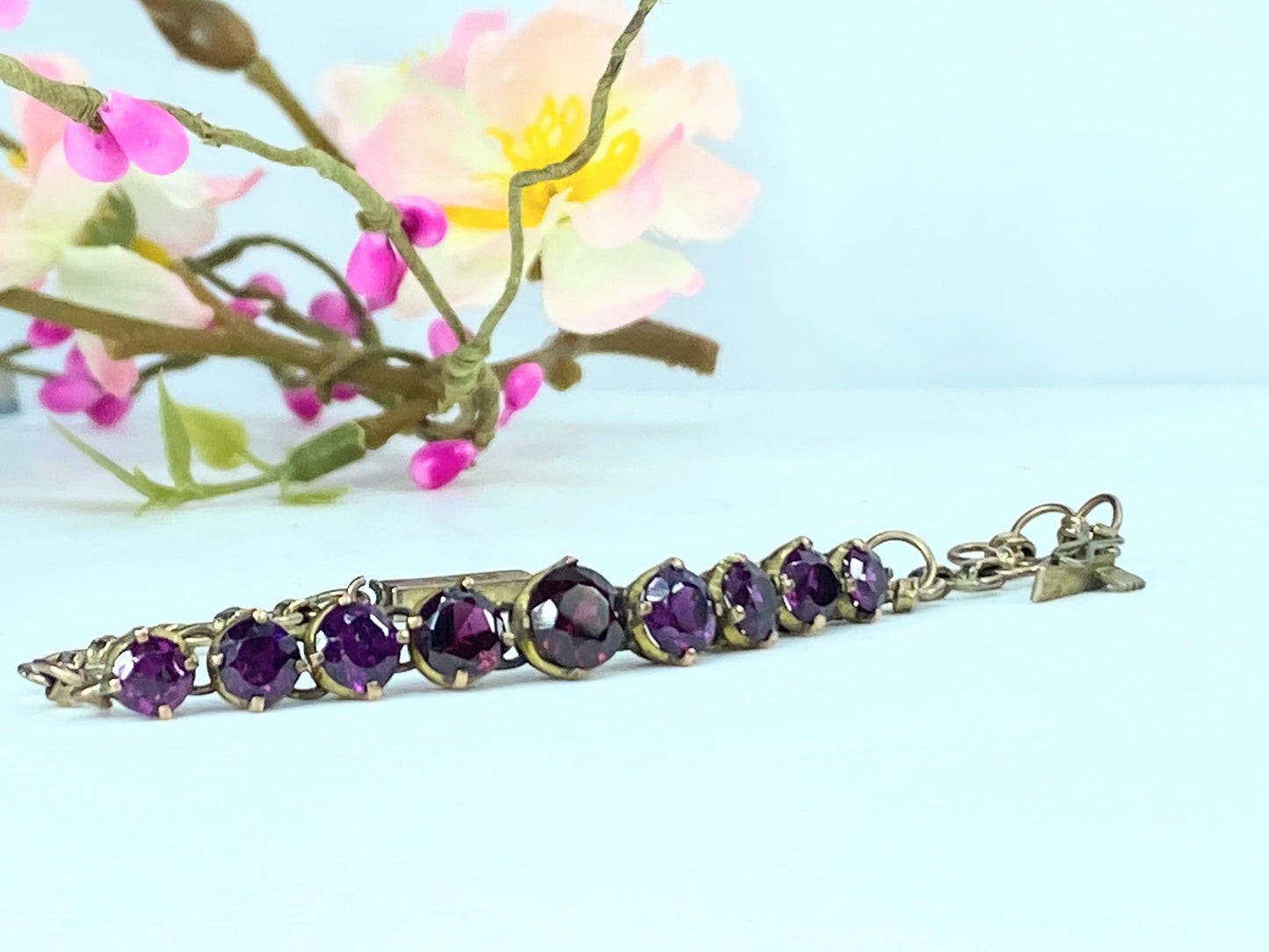 Antique 9ct faceted gems Garnet Amethyst Link bracelet 6.25" 8.2g JR9661