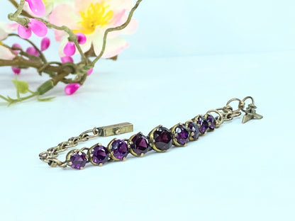 Antique 9ct faceted gems Garnet Amethyst Link bracelet 6.25" 8.2g JR9661