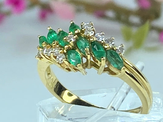 London hallmark 18K gold Marquise Emerald Diamond dress ring 5.3g s8 JR9663