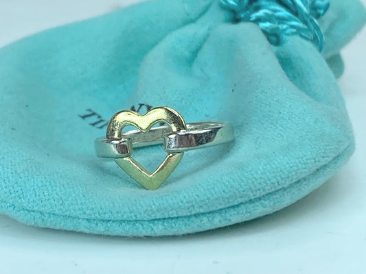 Tiffany &  Co. Sterling Silver 18K Yellow Gold Open Heart Ring 50 5.5 2.3g JR913