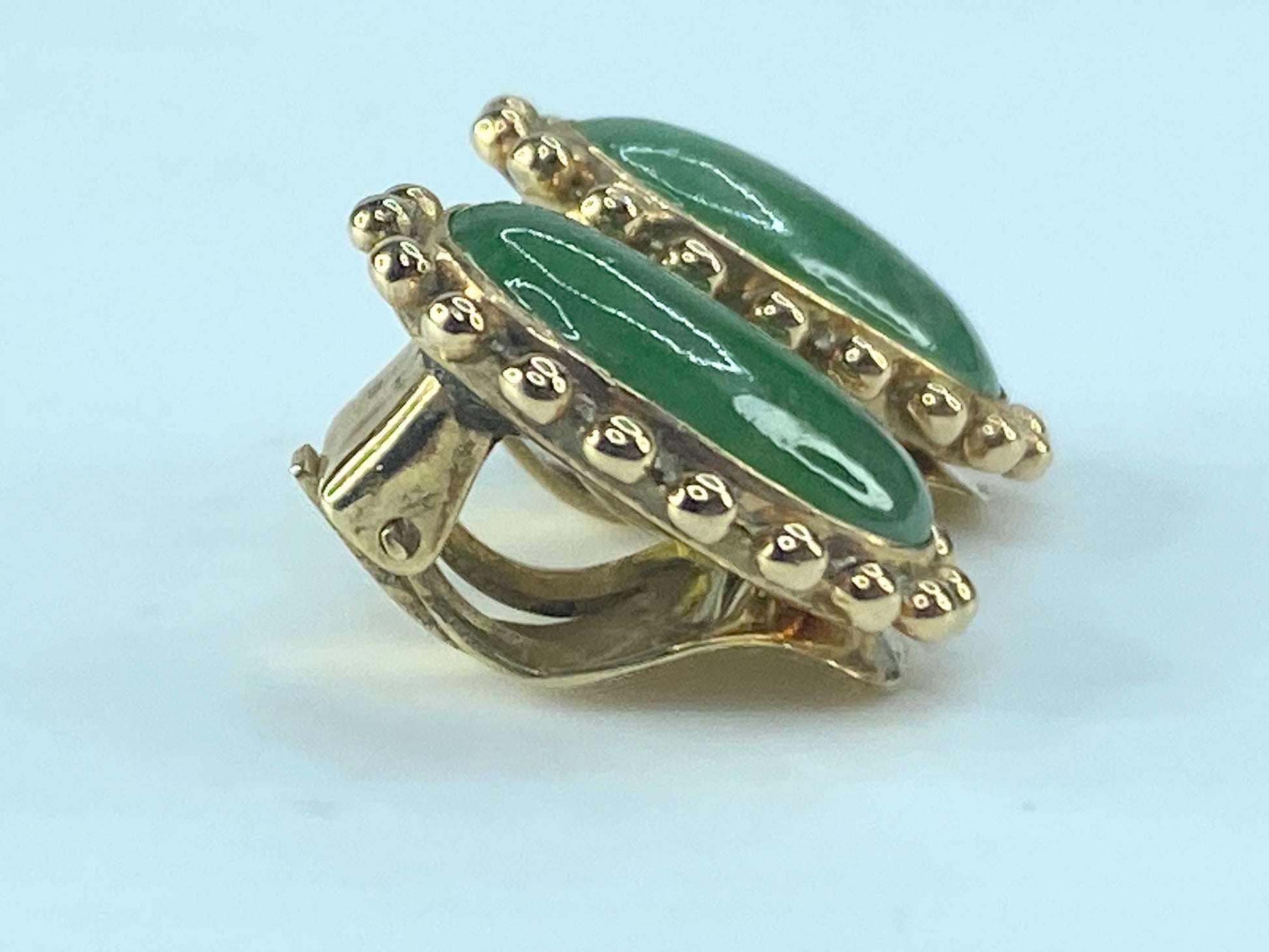 c1960s 14K Yellow Gold Jadite & gold bead Clip-On Earrings 5/8" x3/8" 4.6g JR482