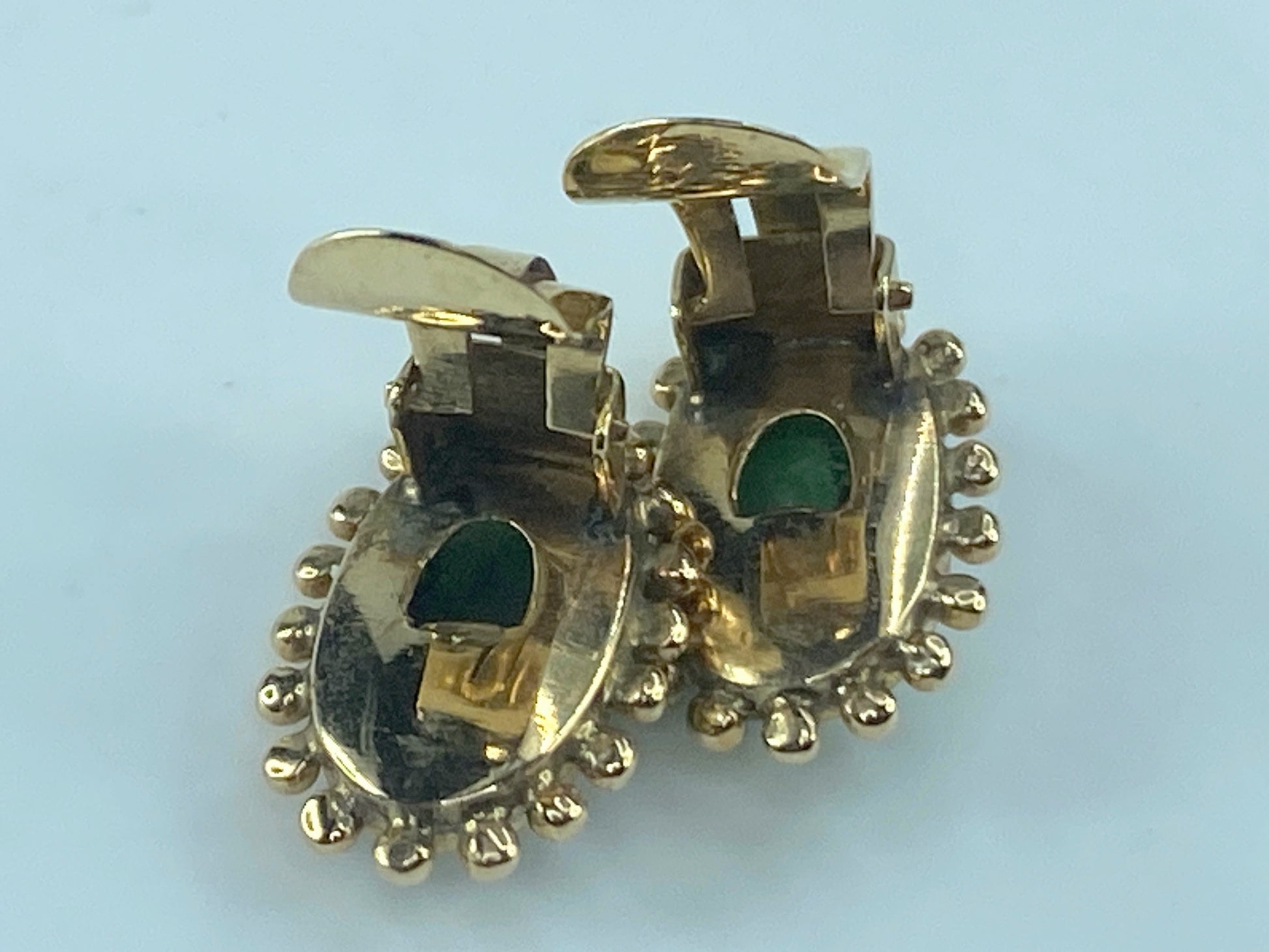 c1960s 14K Yellow Gold Jadite & gold bead Clip-On Earrings 5/8" x3/8" 4.6g JR482