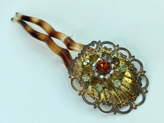 Art Deco French Filigree Brooch Aurora Borealis Rhinestones hair comb  GS586