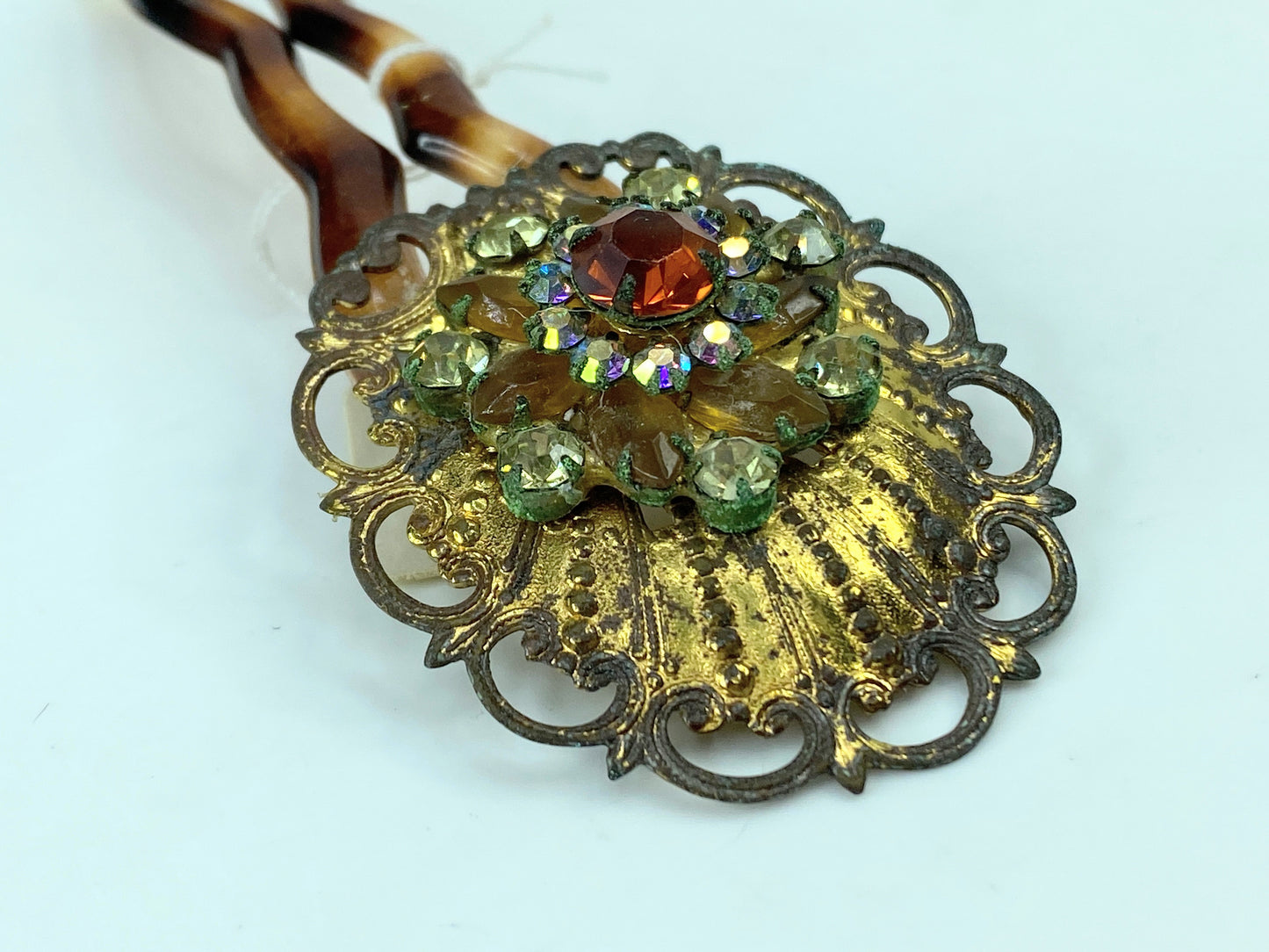 Art Deco French Filigree Brooch Aurora Borealis Rhinestones hair comb  GS586