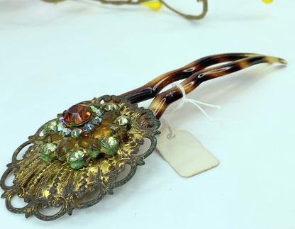 Art Deco French Filigree Brooch Aurora Borealis Rhinestones hair comb  GS586