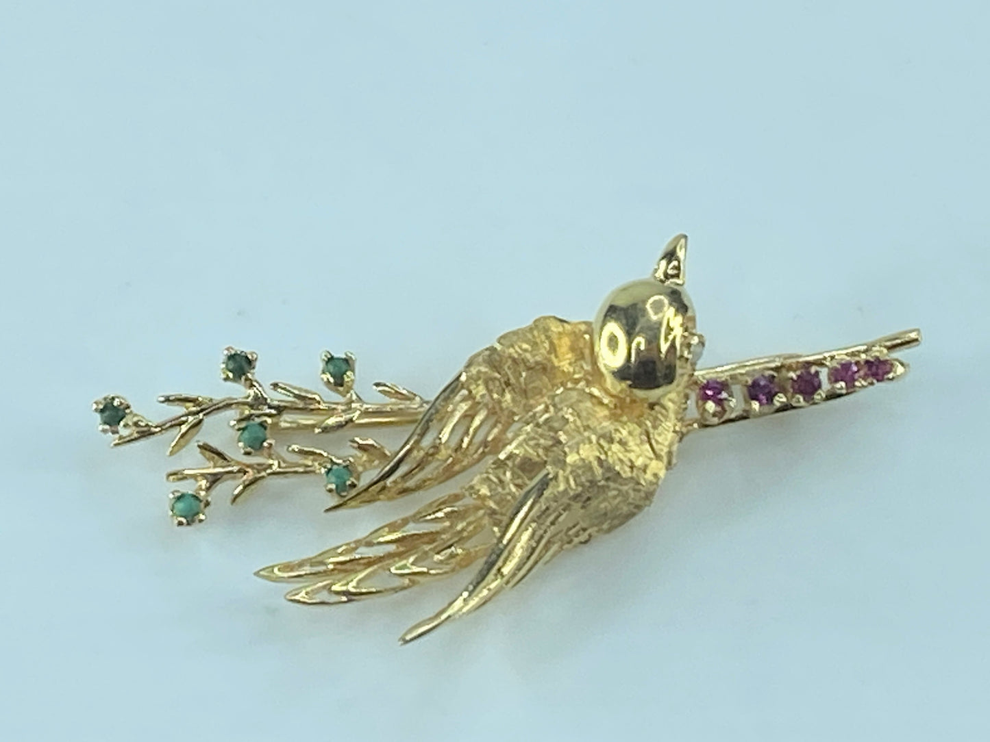 Ruby Turquoise Opal 14K gold Song Bird brooch pin 6.9g 55x25mm JR484