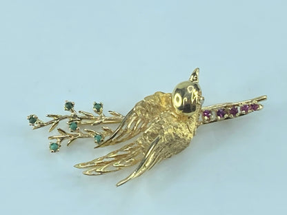 Ruby Turquoise Opal 14K gold Song Bird brooch pin 6.9g 55x25mm JR484