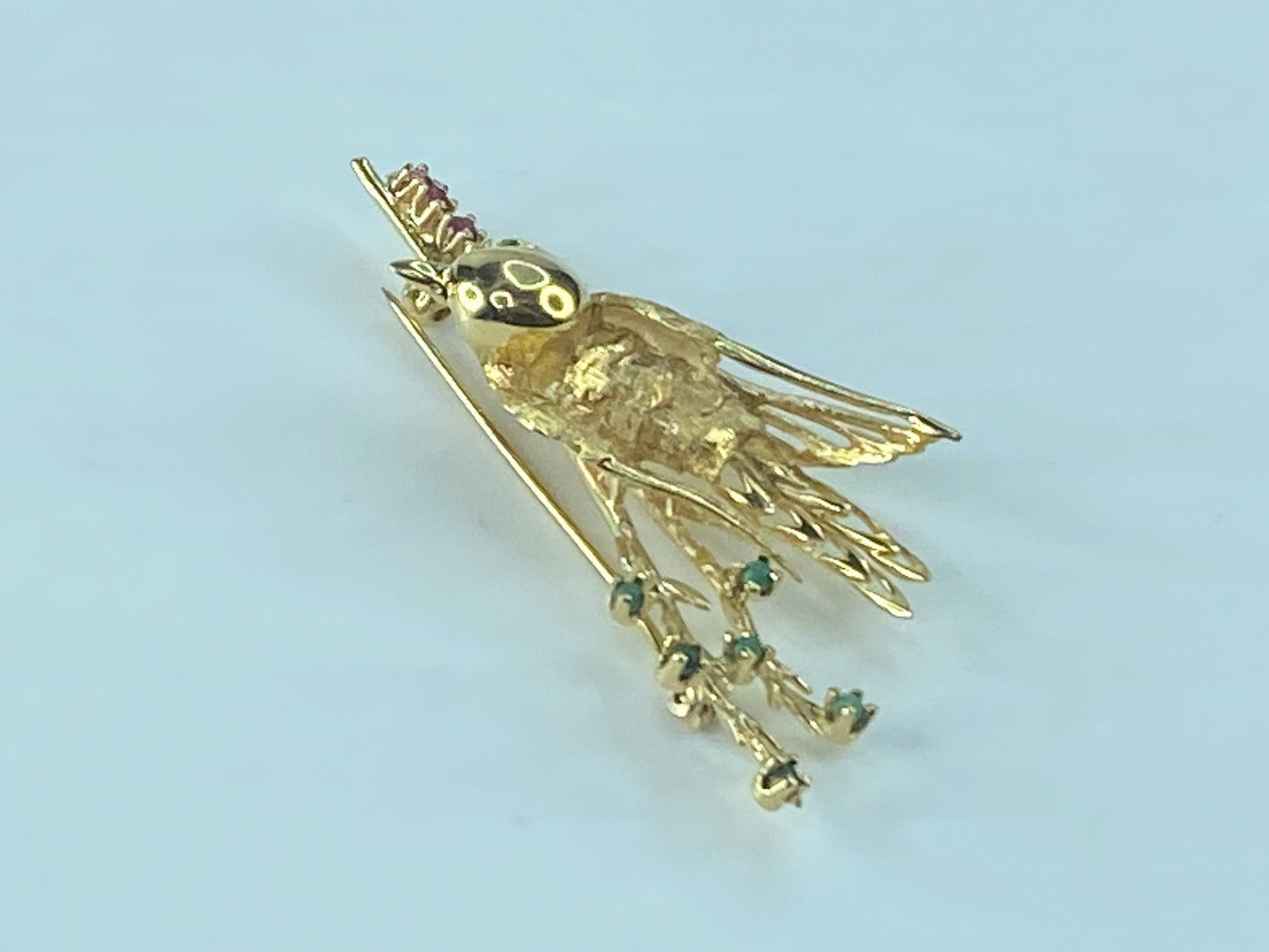 Ruby Turquoise Opal 14K gold Song Bird brooch pin 6.9g 55x25mm JR484