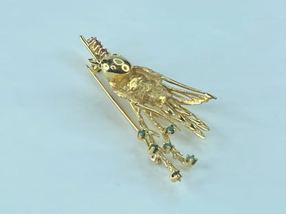 Ruby Turquoise Opal 14K gold Song Bird brooch pin 6.9g 55x25mm JR484