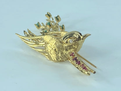 Ruby Turquoise Opal 14K gold Song Bird brooch pin 6.9g 55x25mm JR484