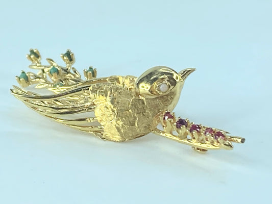 Ruby Turquoise Opal 14K gold Song Bird brooch pin 6.9g 55x25mm JR484