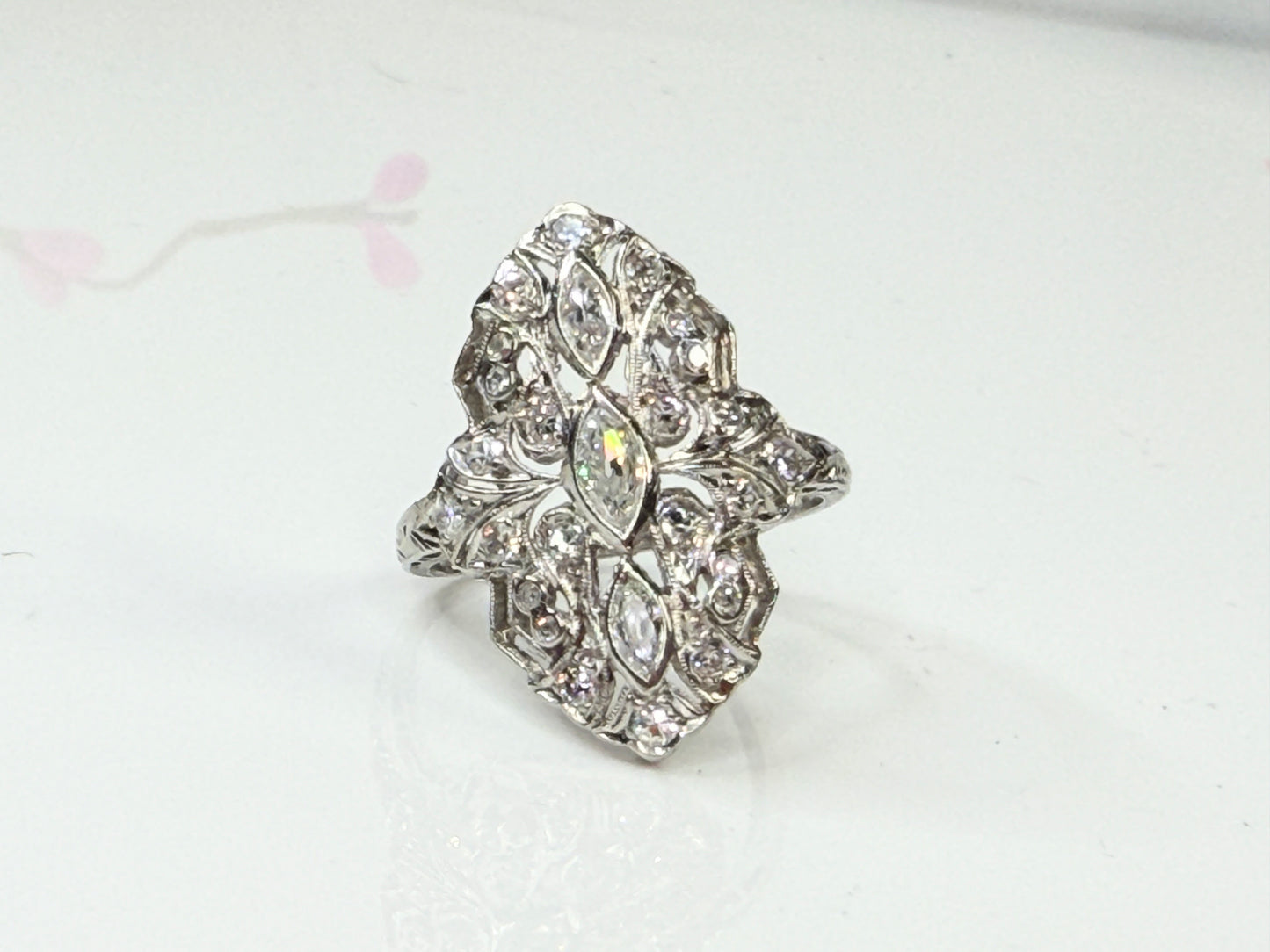 Art Deco Diamond Marquise Cluster Ring Platinum JR1437