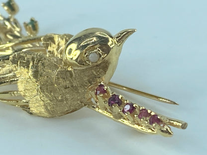 Ruby Turquoise Opal 14K gold Song Bird brooch pin 6.9g 55x25mm JR484