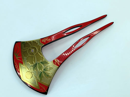Japan Kushi Kanzashi Keizan Gold Lacquer Split shank Makie wooden GS588