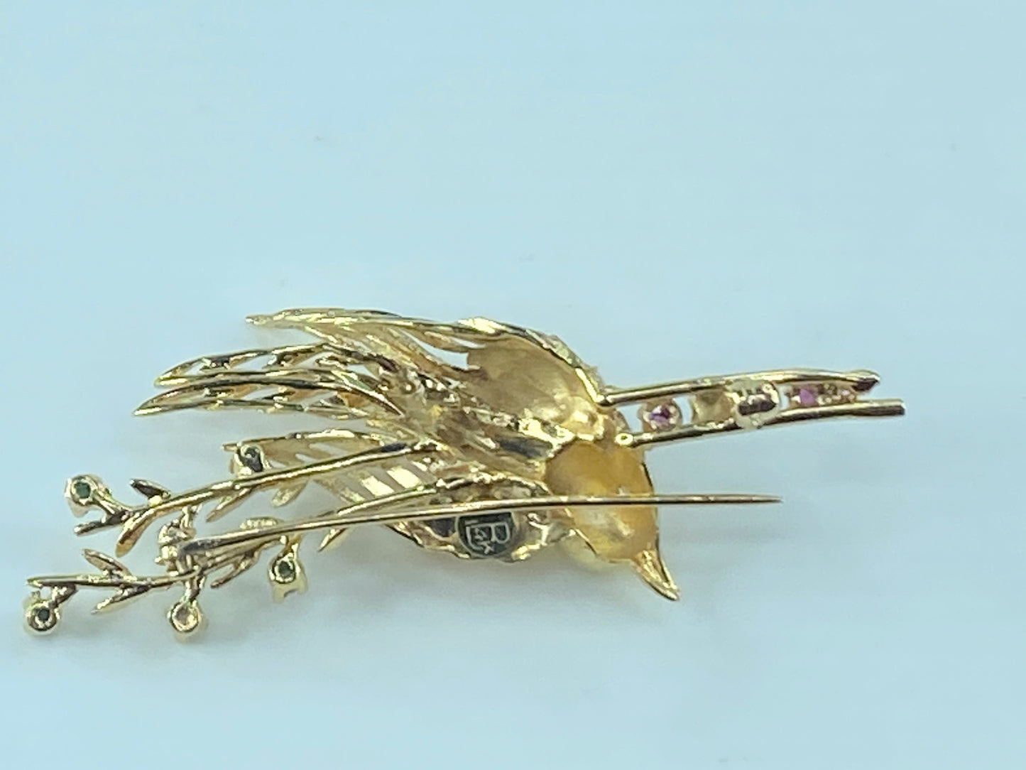 Ruby Turquoise Opal 14K gold Song Bird brooch pin 6.9g 55x25mm JR484