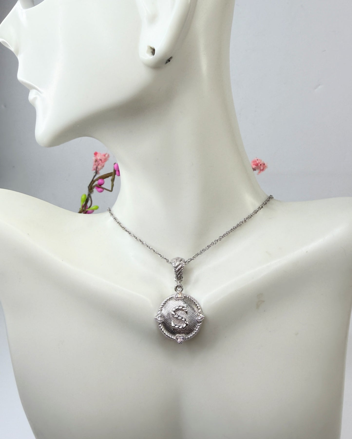 Vintage Judith Ripka Sterling Silver CZ Initial S Pendant necklace JR1438