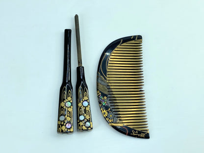 Fine Japanese Mother-of-Pearl and Lacquer Comb and Hair Pin 14.5g GS592