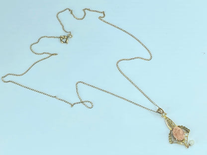MId century 10K Coral cameo freshwater cultured pearl filigree necklace JR489