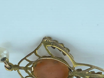MId century 10K Coral cameo freshwater cultured pearl filigree necklace JR489