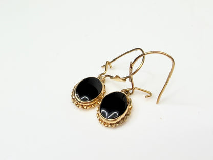 Vintage 14K Yellow Gold Black Onyx Drop Earrings JR1442