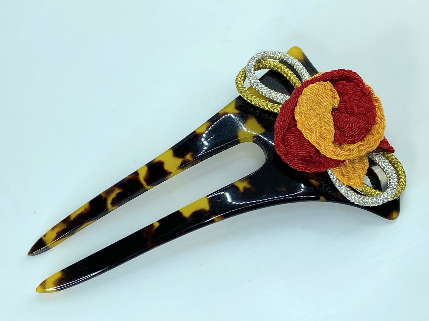 Vintage celluloid hair comb chirimoya fabric bow faux tortoiseshell GS601