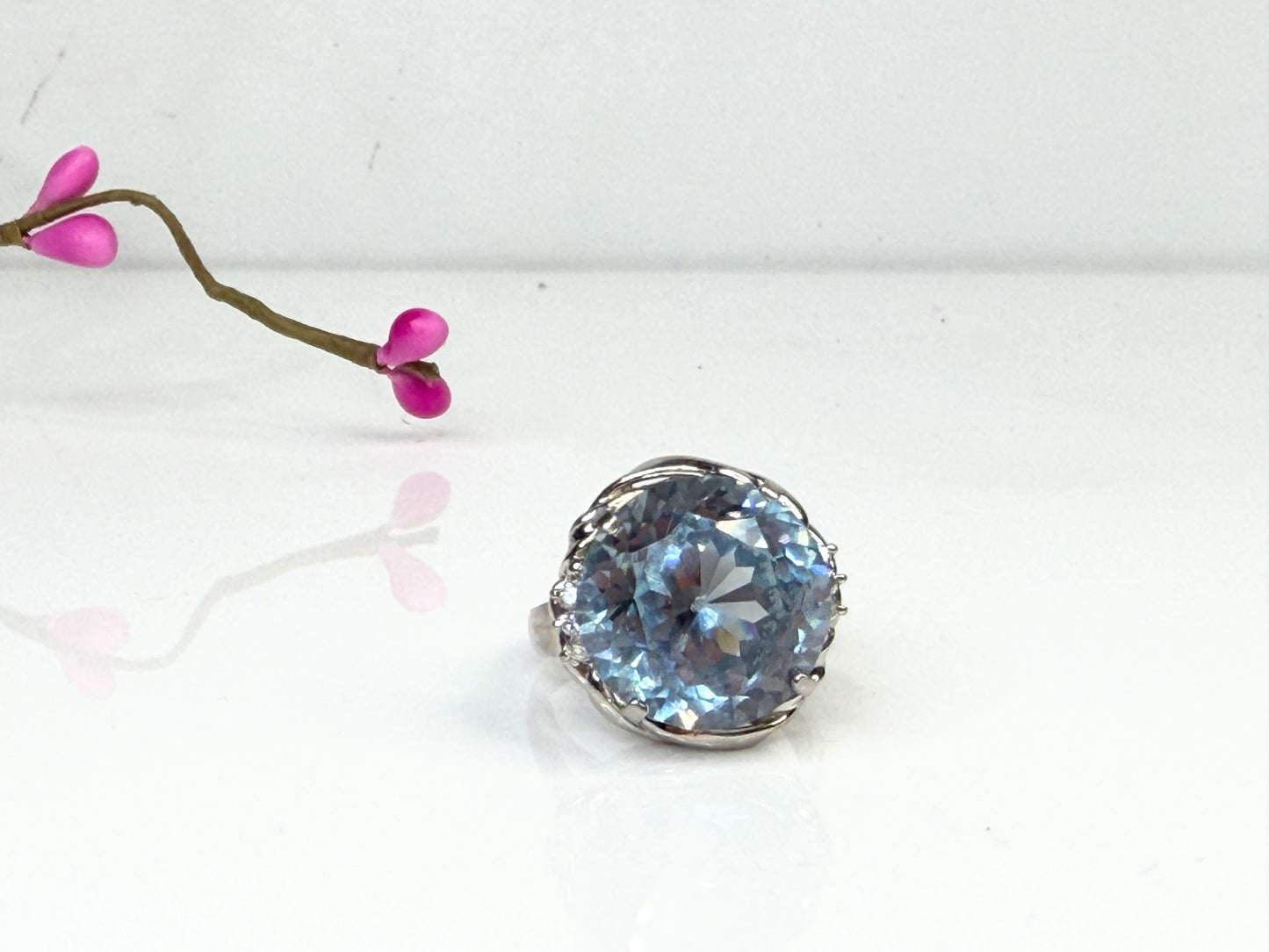 Platinum Blue Topaz Diamond Statement Ring 15mm Round Size 7.75 JR1445
