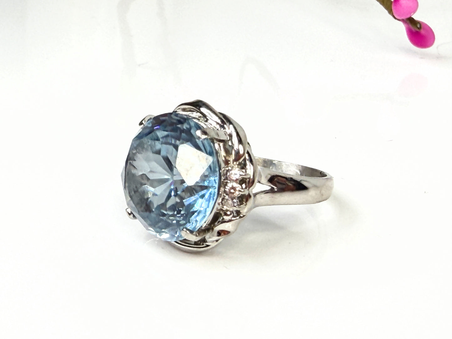 Platinum Blue Topaz Diamond Statement Ring 15mm Round Size 7.75 JR1445