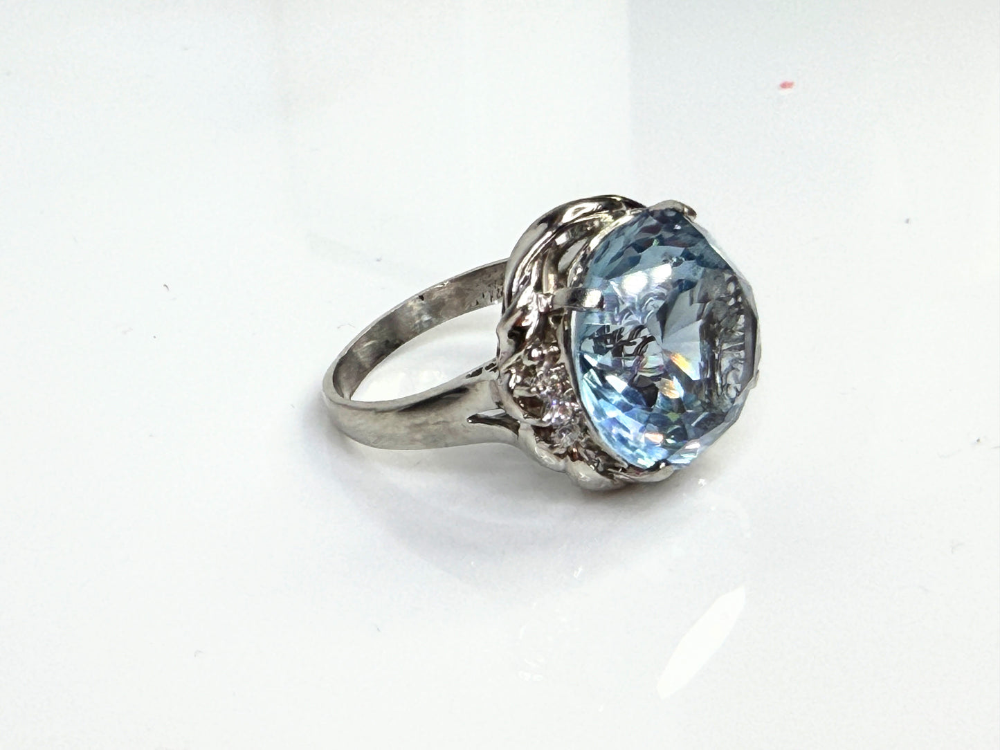 Platinum Blue Topaz Diamond Statement Ring 15mm Round Size 7.75 JR1445