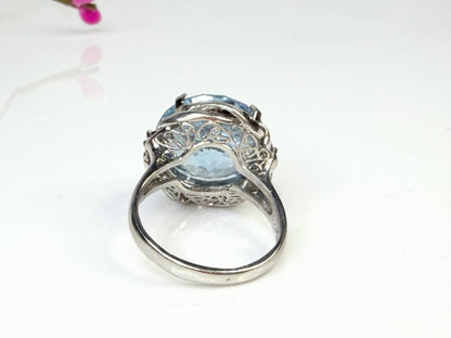 Platinum Blue Topaz Diamond Statement Ring 15mm Round Size 7.75 JR1445