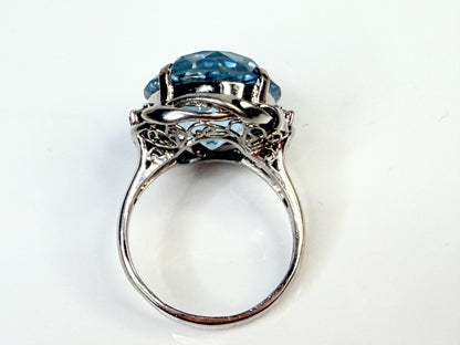 Platinum Blue Topaz Diamond Statement Ring 15mm Round Size 7.75 JR1445