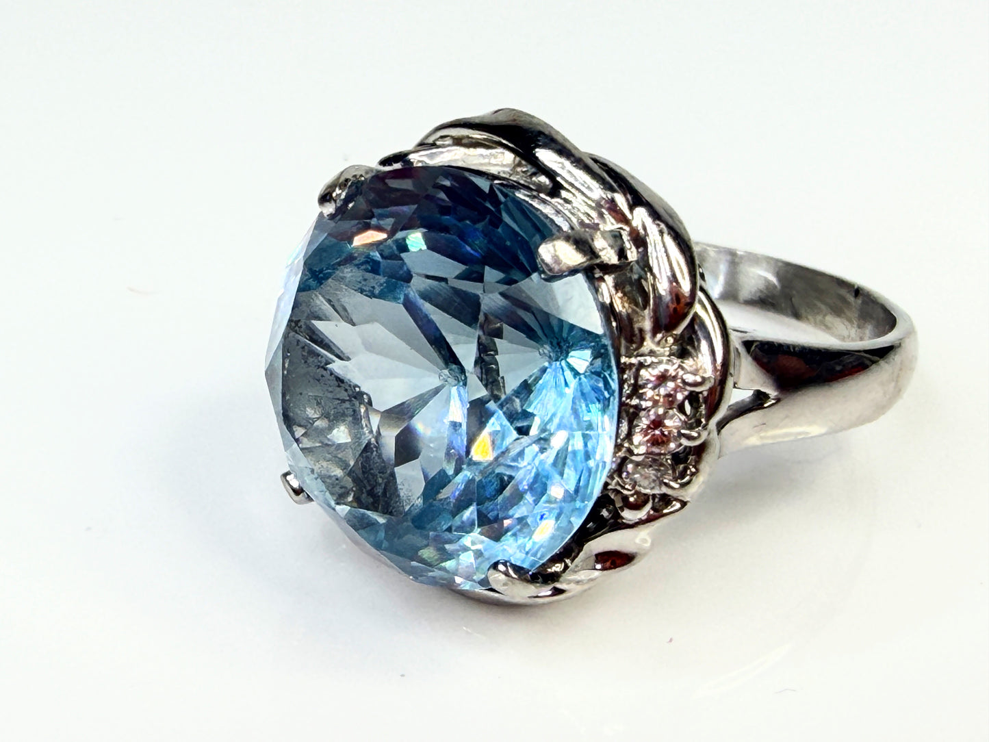 Platinum Blue Topaz Diamond Statement Ring 15mm Round Size 7.75 JR1445