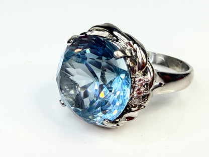 Platinum Blue Topaz Diamond Statement Ring 15mm Round Size 7.75 JR1445