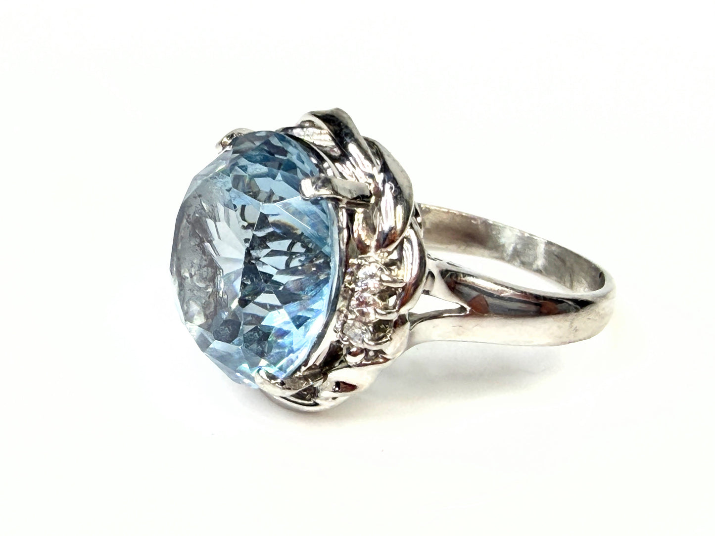 Platinum Blue Topaz Diamond Statement Ring 15mm Round Size 7.75 JR1445