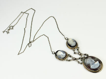 Antique Triple Cameo Mother of Pearl Necklace Sterling Silver 25" JR1446