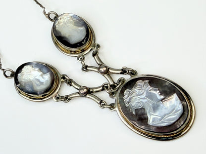 Antique Triple Cameo Mother of Pearl Necklace Sterling Silver 25" JR1446