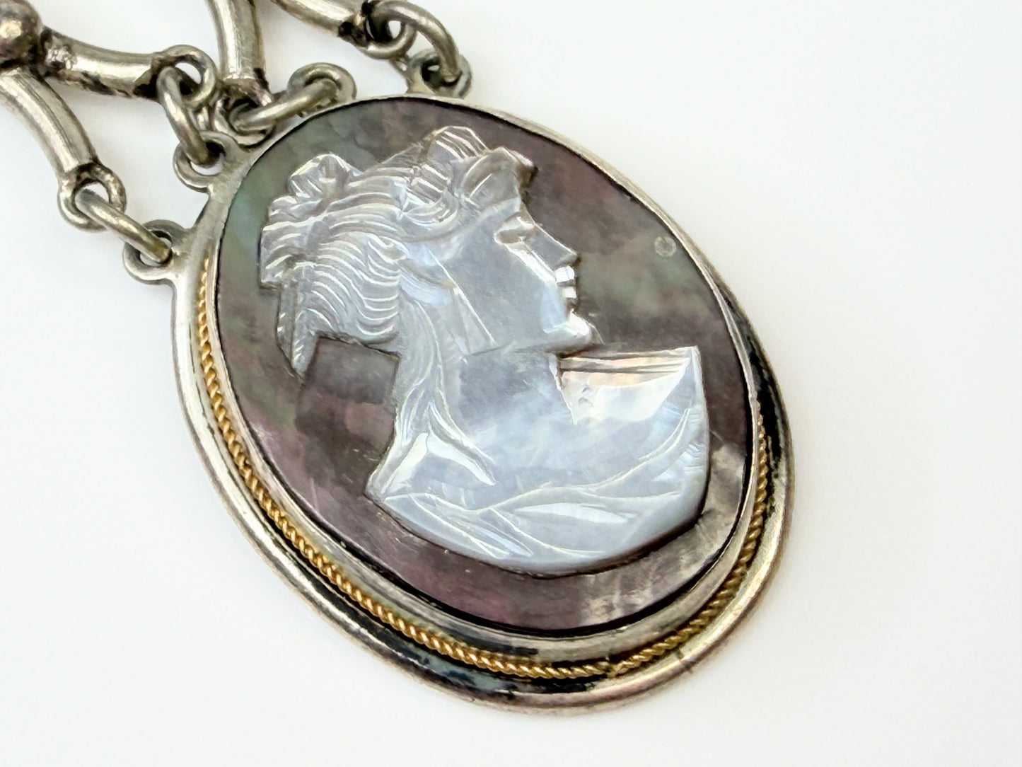 Antique Triple Cameo Mother of Pearl Necklace Sterling Silver 25" JR1446